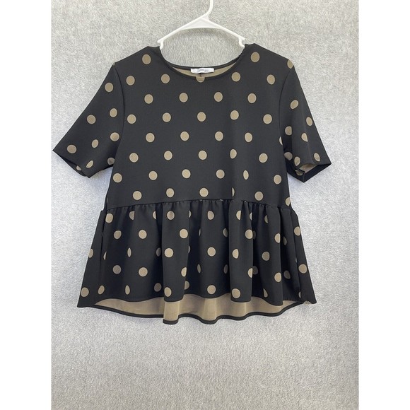 Zara Tops - ZARA Women's Blouse Short Sleeve Polka Dot Peplum Black Brown Size Medium